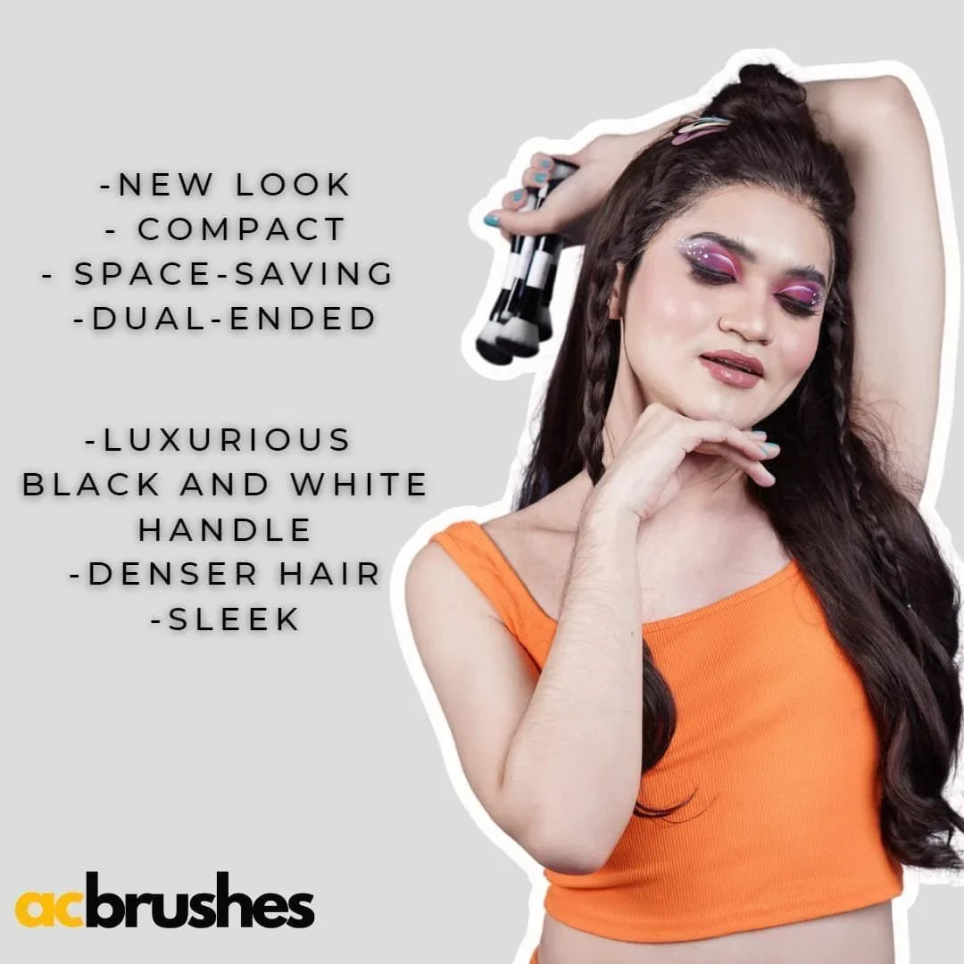 Person holding travel makeup brush set with black and white handles, wearing orange top, featuring text highlighting compact, dual-ended, luxurious design.