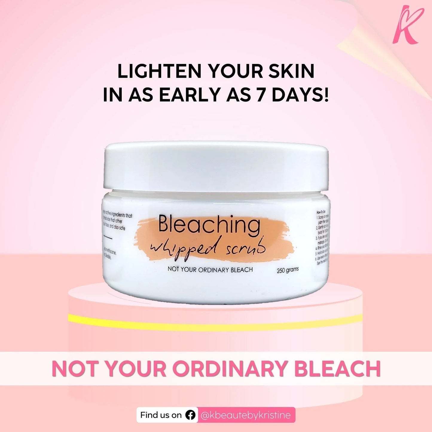 Jar of Bleaching Whipped Scrub with light pink background and bold skin lightening text.