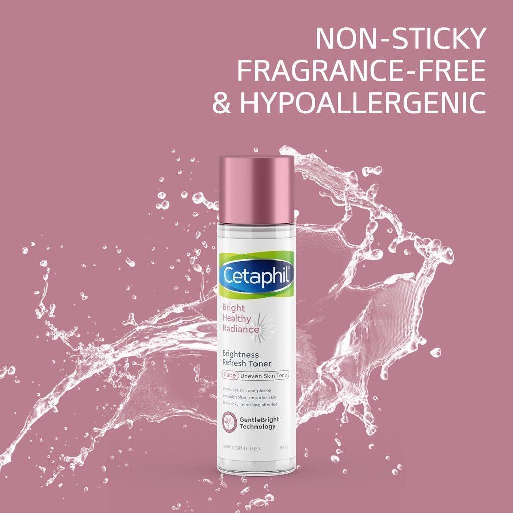 Cetaphil Brightness Refresh Toner 150ml bottle with splash effect and hypoallergenic text