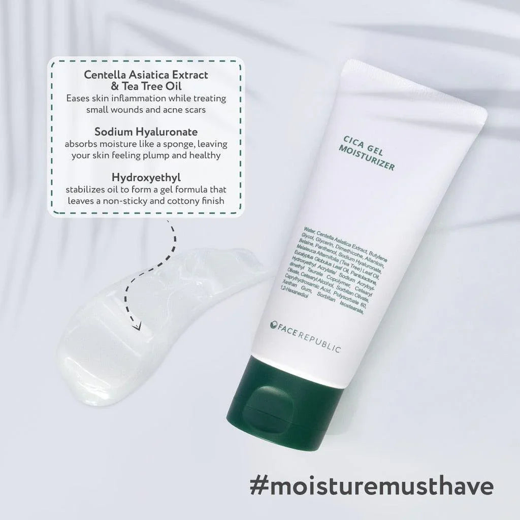 Face Republic Cica Gel Moisturizer tube with gel texture, skincare ingredients highlighted
