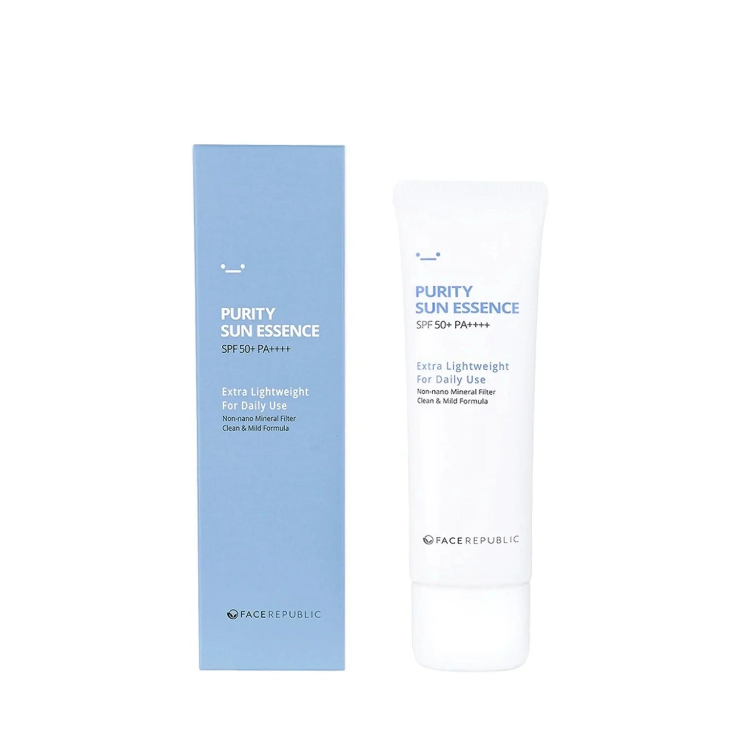 Face Republic Purity Sun Essence SPF 50+ PA++++ sunscreen tube and box, lightweight mineral formula