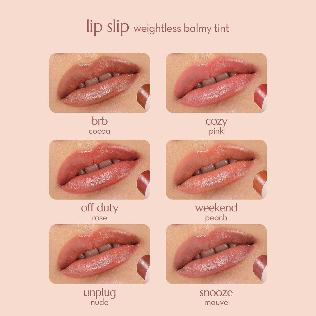 Six shades of lip slip weightless balmy tint swatched on lips: cocoa, pink, rose, peach, nude, mauve.
