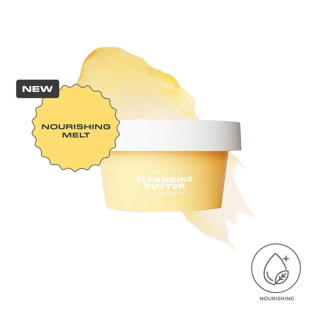 Yellow cleansing butter jar with creamy balm texture, labeled nourishing melt, on white background