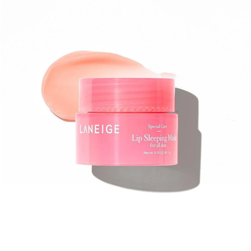 Laneige Lip Sleeping Mask Berry mini jar with light pink balm on white background