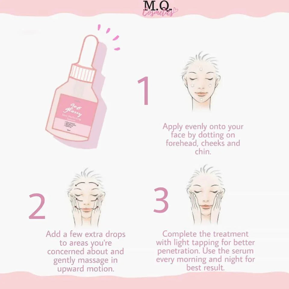Get Glassy Perfecting Serum application instructions with dropper bottle and facial massage steps.