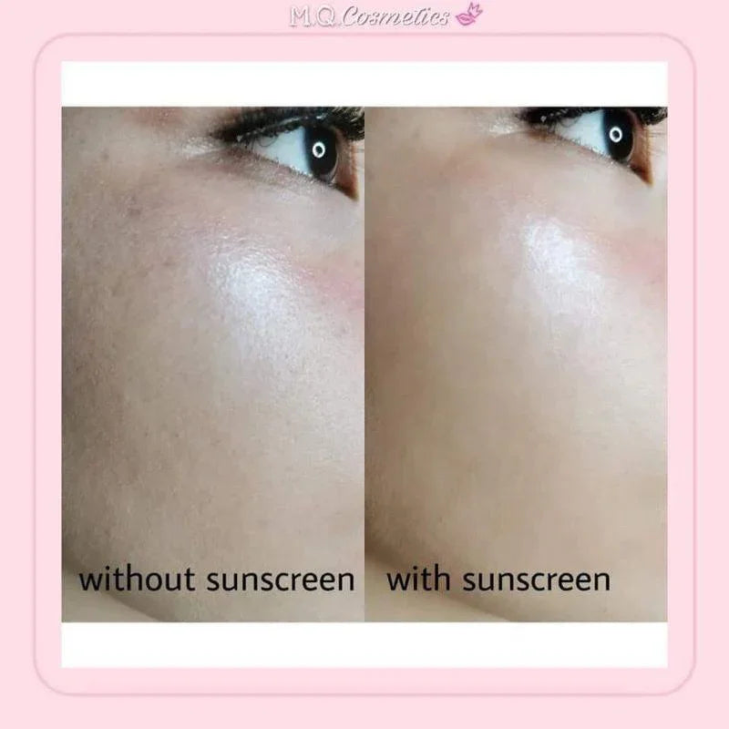 Close-up comparison of cheek with and without tinted sunscreen, showing smoother skin with sunscreen applied.