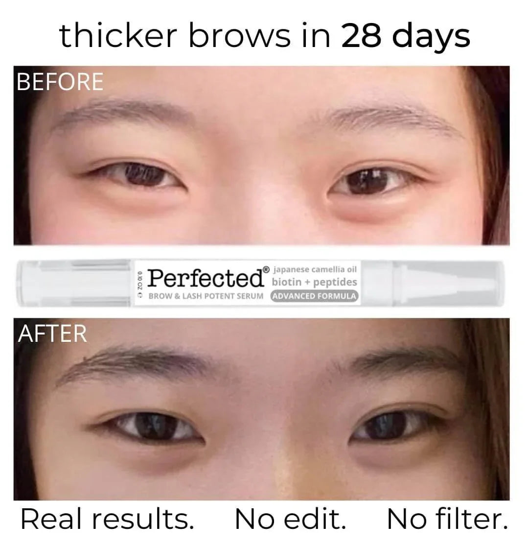Before and after close-up showing thicker eyebrows with Perfected brow and lash serum