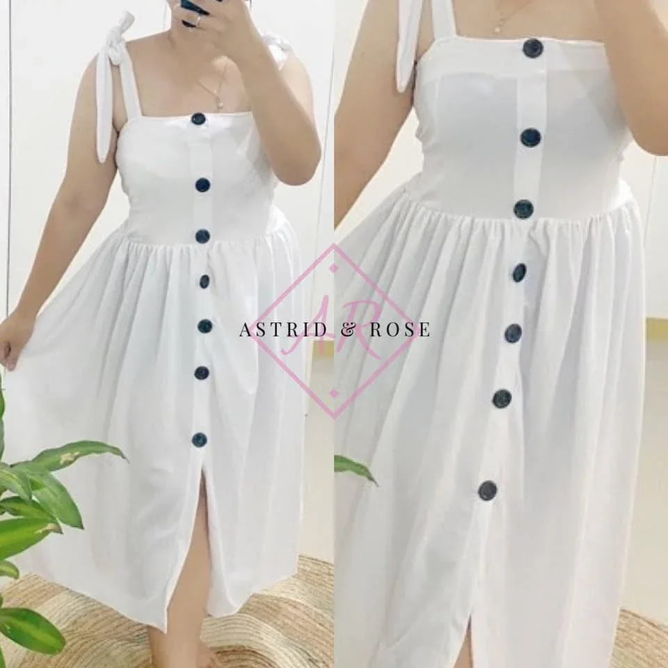 Plus size white midi dress with front buttons and tie straps, sleeveless summer style