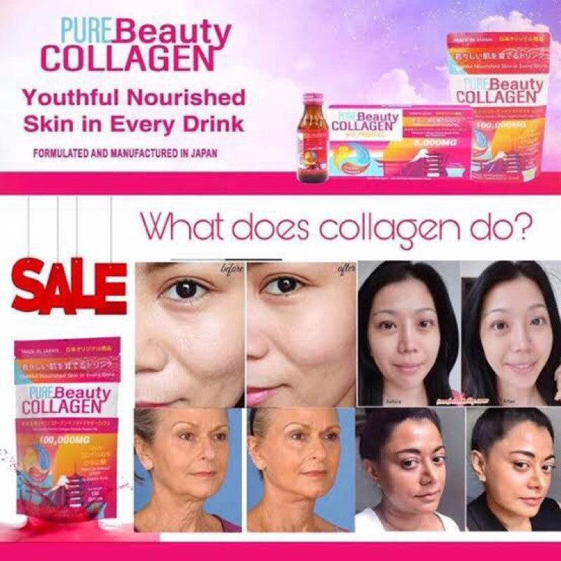 Collagen powder and drink products with before and after skin improvement photos, sale promotion.
