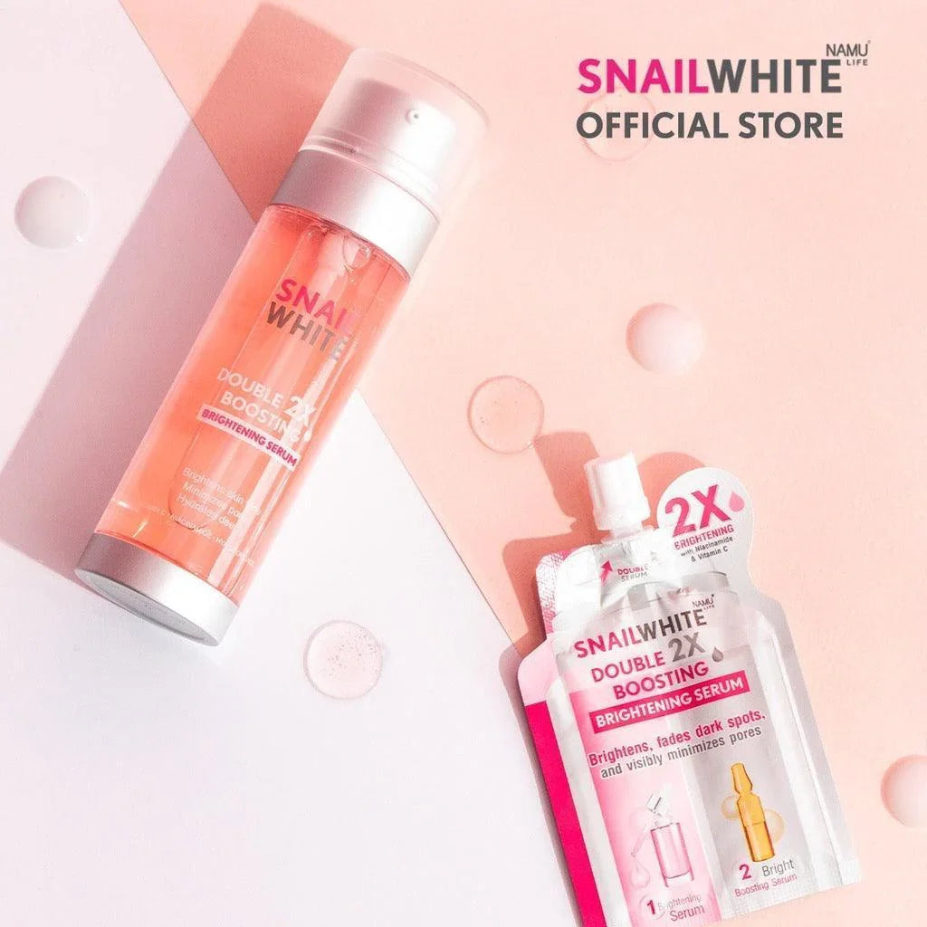Snail White Double Boosting Brightening Serum bottle and sachet on a pastel background with serum drops
