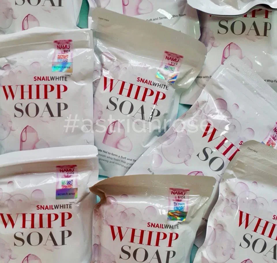 Snailwhite Whipp Soap 100g multiple packs with pink bubbles and holographic seal