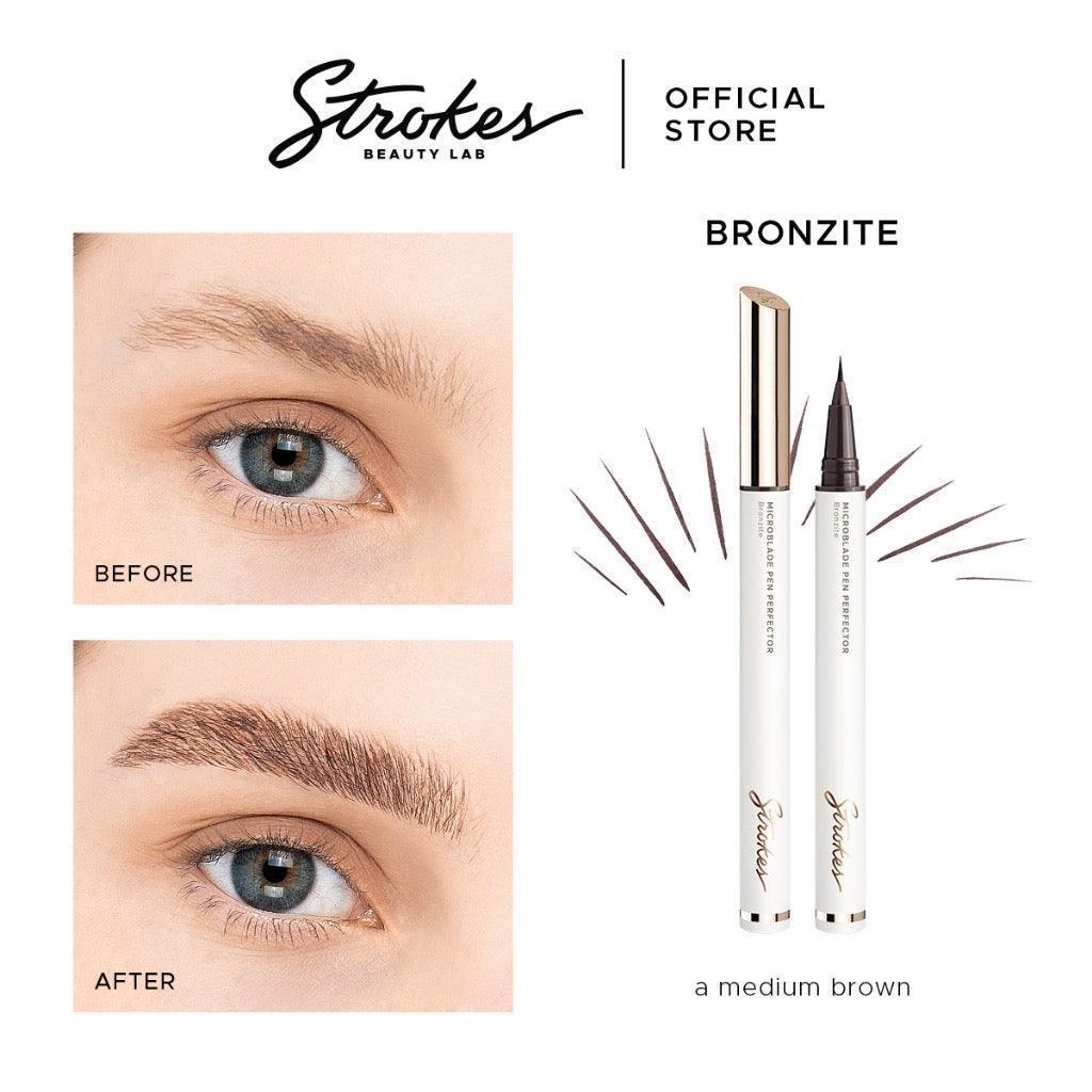 Before and after eyebrow transformation using microblade pen in medium brown shade Bronzite