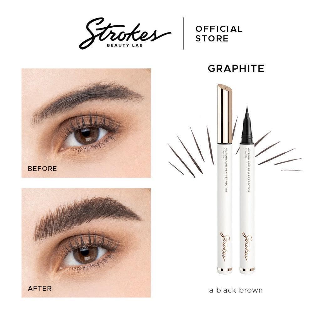 Microblade pen in graphite shade with before and after eyebrow results, black brown color.