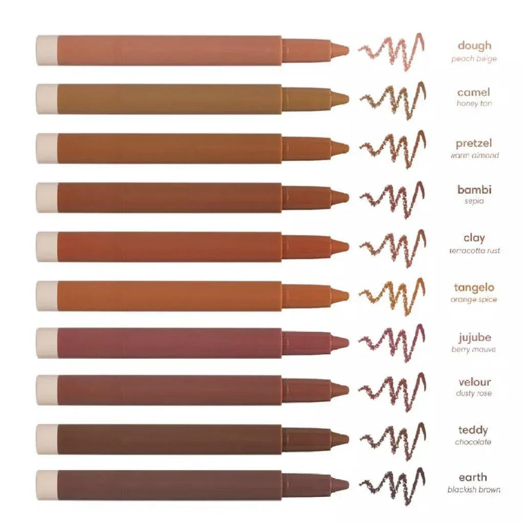 Ten eye crayon makeup pencils in various nude and brown shades, each labeled with its color name.