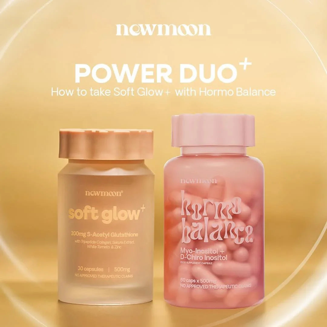 Two supplement bottles, Soft Glow+ and Hormo Balance, on a gold background with product names and details visible.
