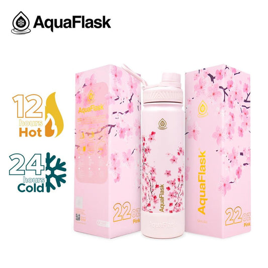 AquaFlask 22oz Sakura Wide Mouth with Spout Lid Vacuum Insulated Stainless Steel Drinking Water