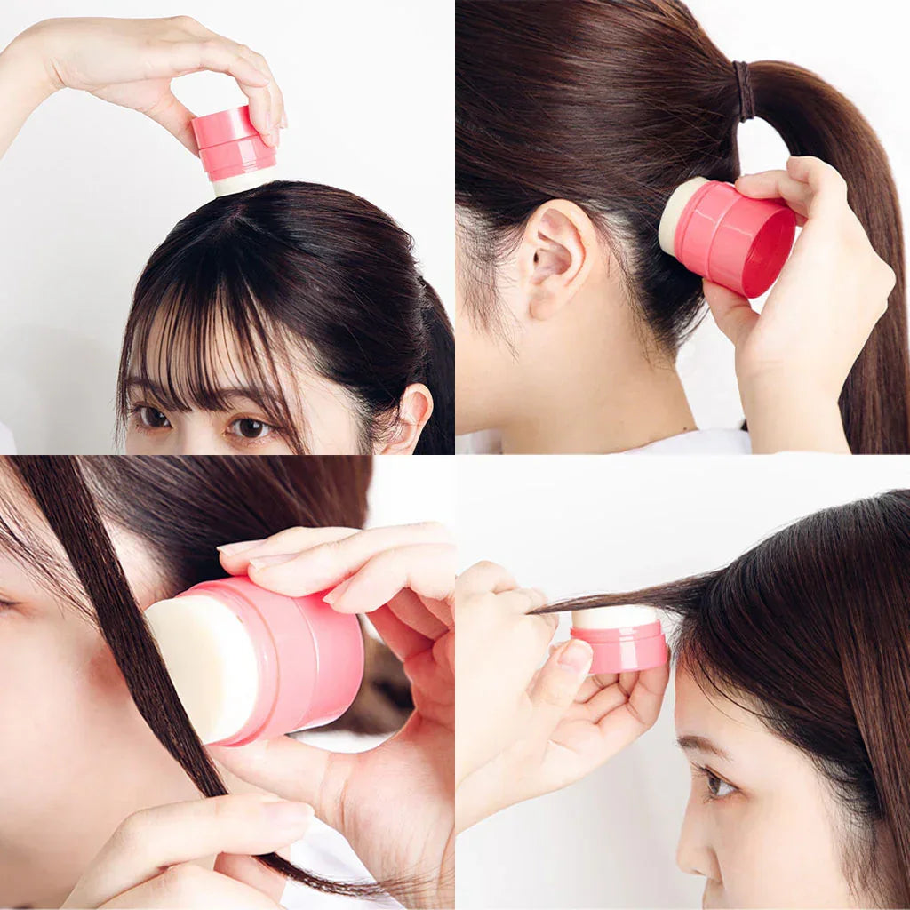 Woman using a pink hair styling balm stick to smooth baby hairs and flyaways