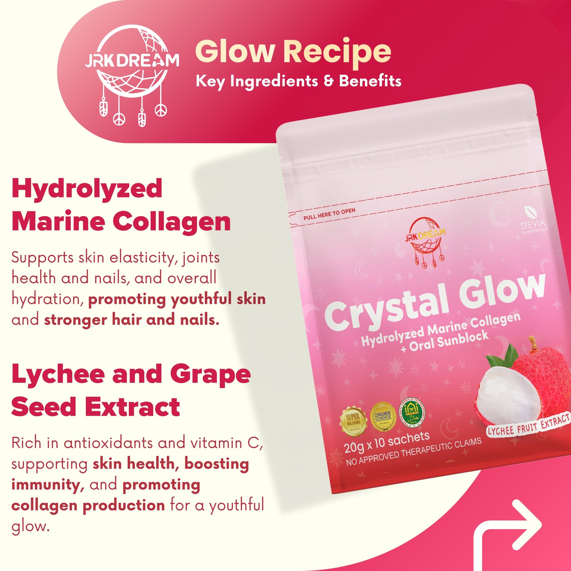 Crystal Glow Lychee - Collagen Drink 10 sachets - Astrid & Rose