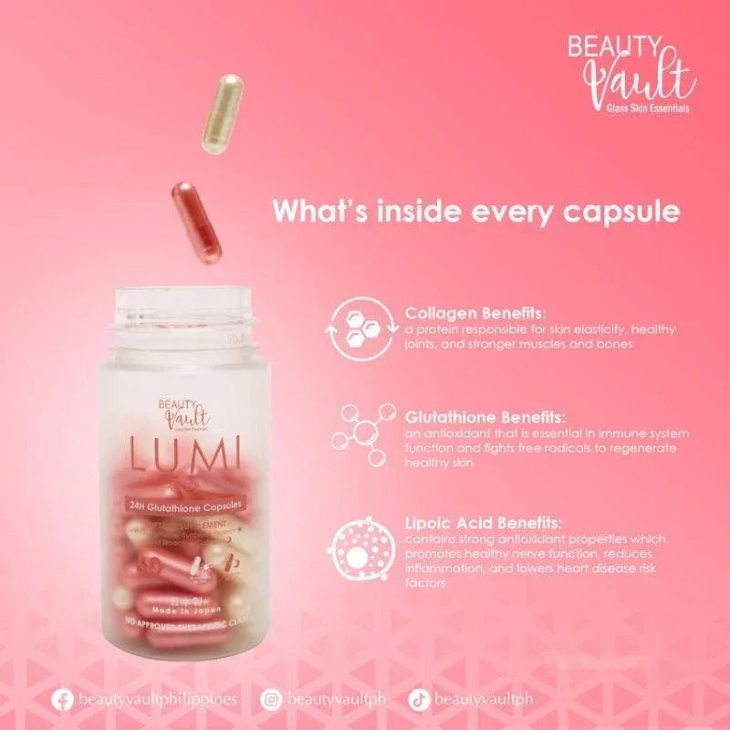 lumi glutathione price philippines Users are living their best glow life with Capsules! Super effective and backed by real feedback from our users who love their healthy glow. Kaya ikaw, mag-LUMI ka na! safe glutathione formula designed for adults seeking continuous skin brightening and antioxidant support Beauty Vault 2 Bottles LUMI