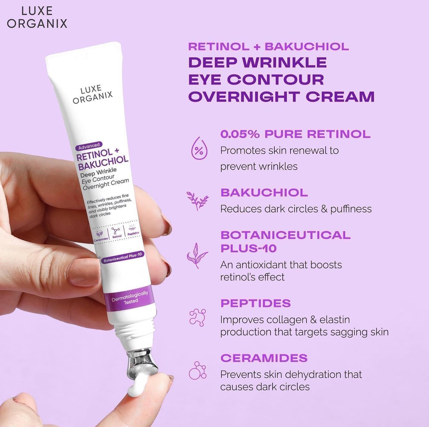 Luxe Organix Retinol + Bakuchiol Deep Wrinkle Eye Contour Overnight Cream - Astrid & Rose