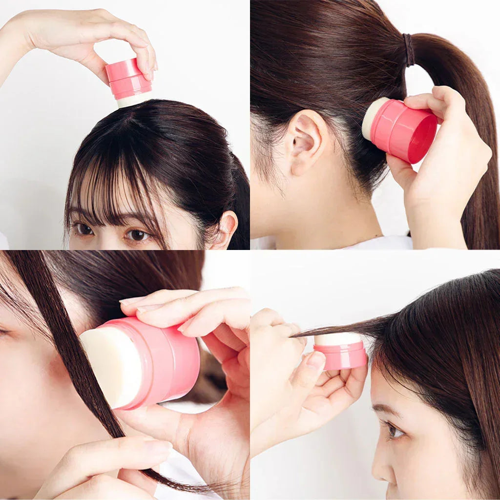 Woman using a pink hair styling balm stick to smooth baby hairs and flyaways