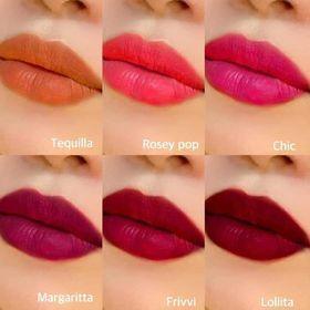 Six close-up swatches of matte lipsticks on lips in various shades, labeled with color names.