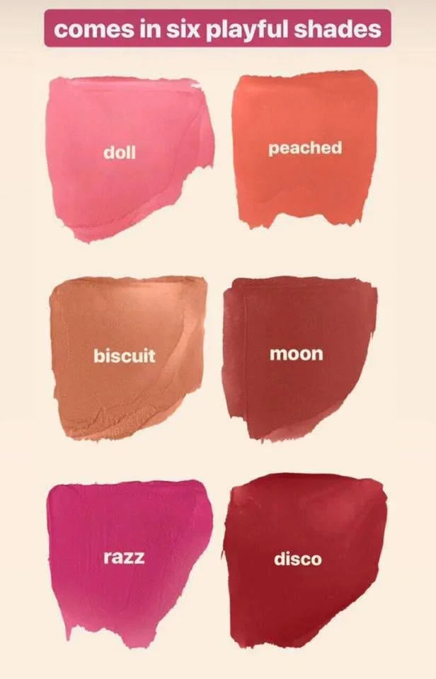 Six airblush makeup swatches labeled doll, peached, biscuit, moon, razz, disco in various shades.